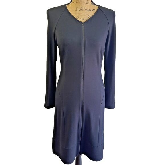 Theory Women's Little Black Dress Round Neck Long Sleeve Front Zipper Sz 12 - Picture 1 of 16